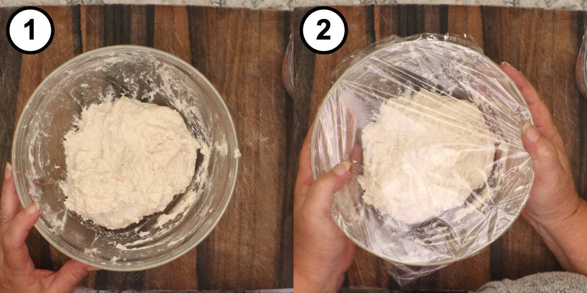 Step 3 step-by-step graphic for No Knead English Muffins: the finished wet, sticky dough in a glass bowl, then covered with plastic wrap.