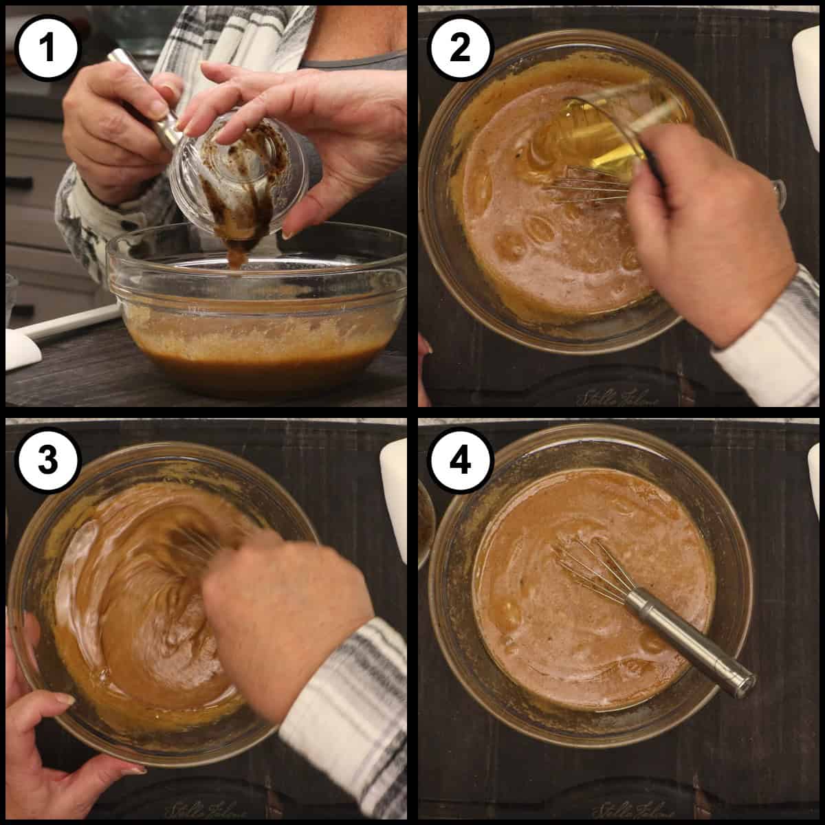 Step-by-step graphic, step 3 for Glazed Pumpkin Bread: vanilla paste added to the wet ingredients, oil poured in, and the mixture whisked smooth.