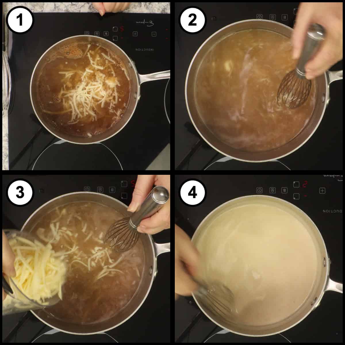 Step 3 step-by-step graphic for Beer Cheese Dip: shredded cheese added to the hot beer a little at a time and whisked until it melts into a smooth, creamy cheese sauce.
