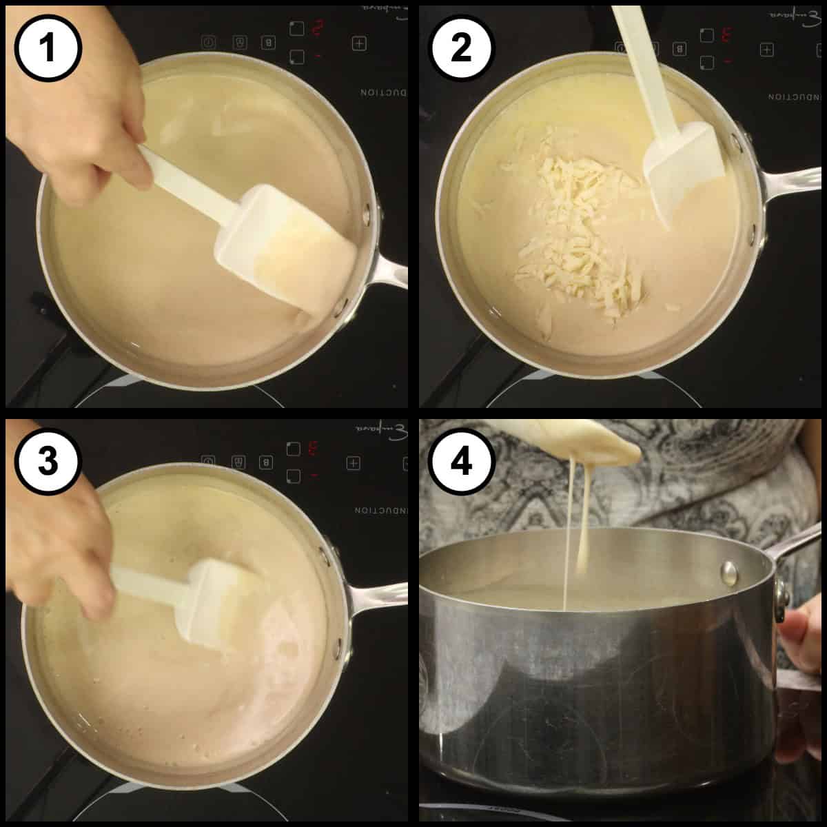 Step 4 step-by-step graphic for Beer Cheese Dip: the cheese sauce stirred with a spatula, a little more shredded cheese added to thicken it, and the finished dip pouring off the spatula.