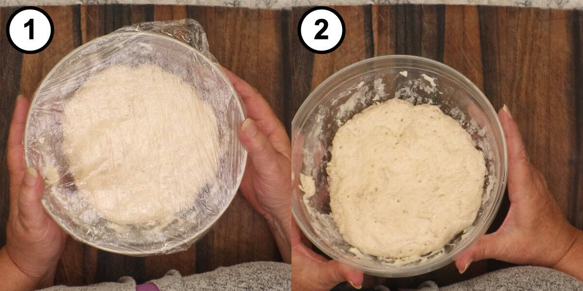 Step 4 step-by-step graphic for No Knead English Muffins: the covered bowl of dough, then the uncovered dough after rising at room temperature, doubled and full of bubbles.