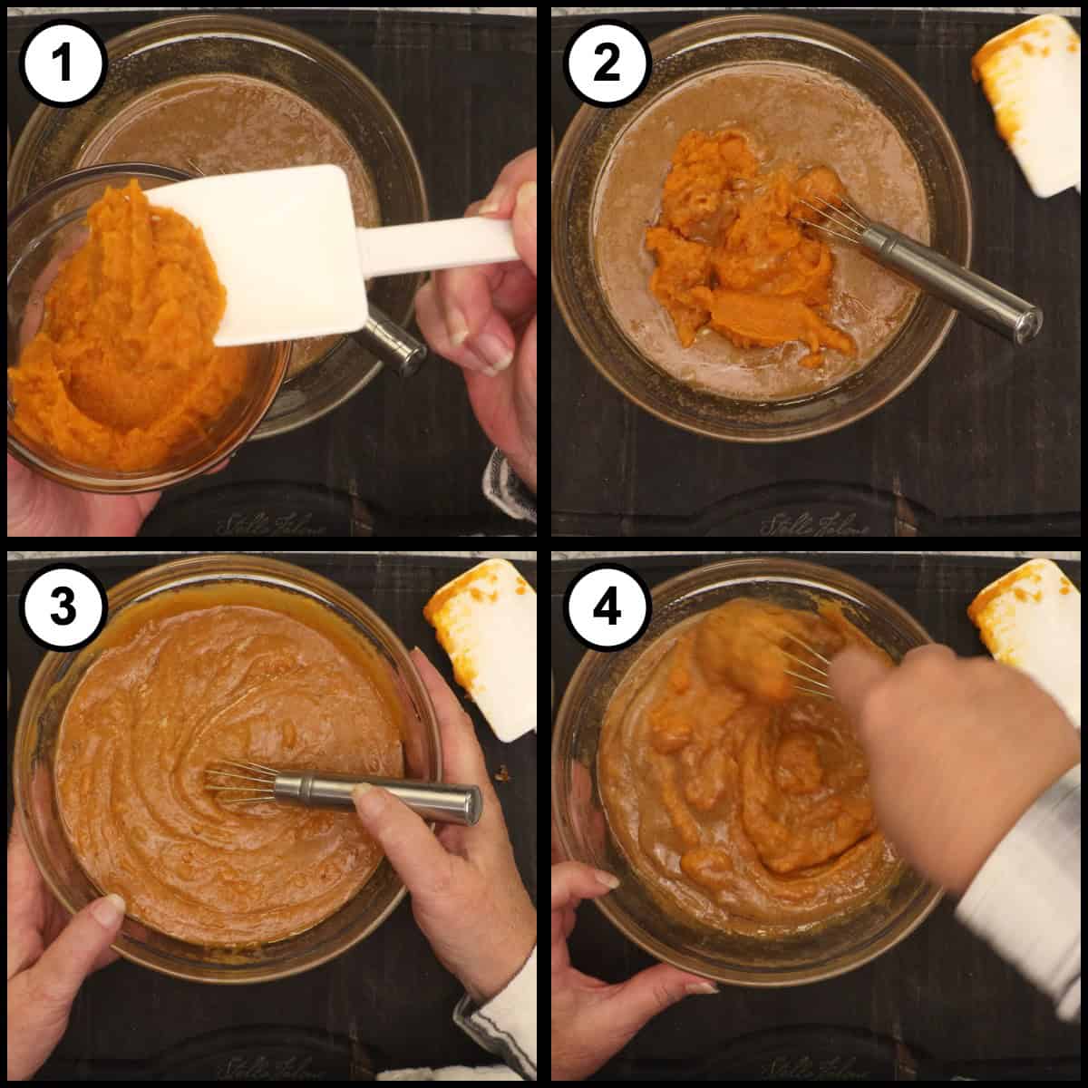 Step-by-step graphic, step 4 for Glazed Pumpkin Bread: pumpkin puree scraped into the wet ingredients and whisked until smooth.