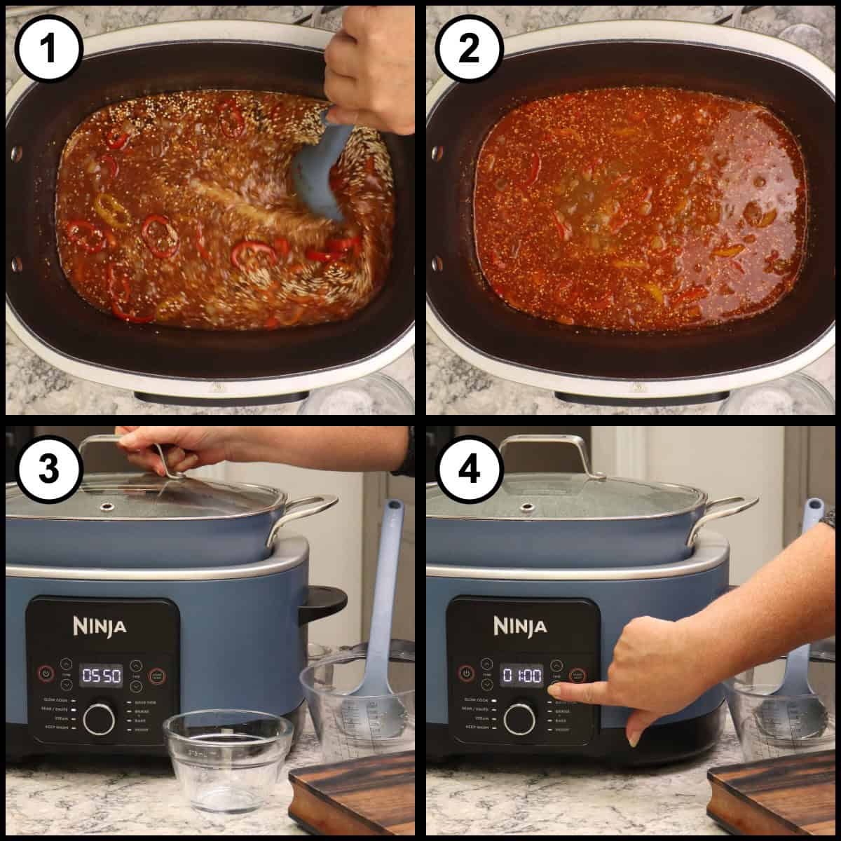 Step-by-step graphic for step 4 of Shrimp & Grits (Possible cooker Pro: stirring the broth, grits and quinoa, bringing it to a boil, putting on the glass lid, and setting the slow cook time to 1 hour.