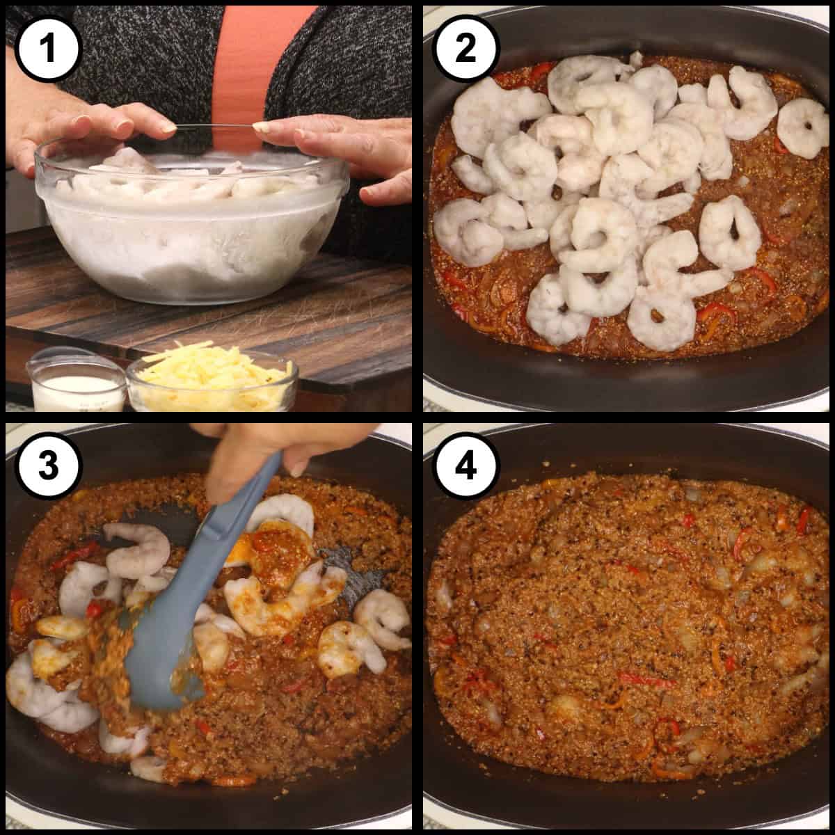 Step-by-step graphic for step 5 of Shrimp & Grits (Possible cooker Pro: a bowl of frozen shrimp, the frozen shrimp added on top of the grits, stirring them down into the mixture, and the shrimp tucked underneath.