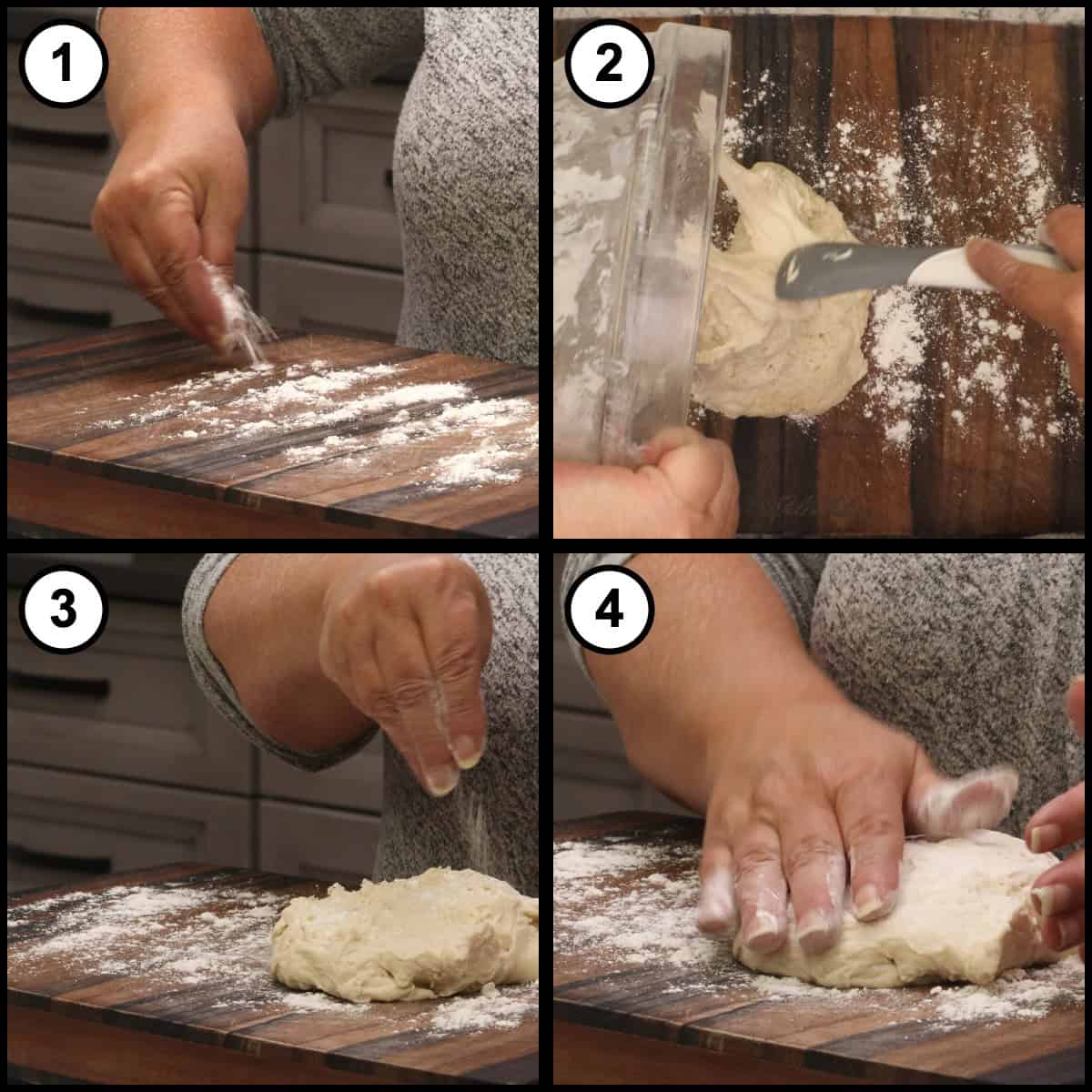 Step 5 step-by-step graphic for No Knead English Muffins: flour is sprinkled on a wooden cutting board, the risen dough is scraped out onto it, dusted with flour and gently patted down.
