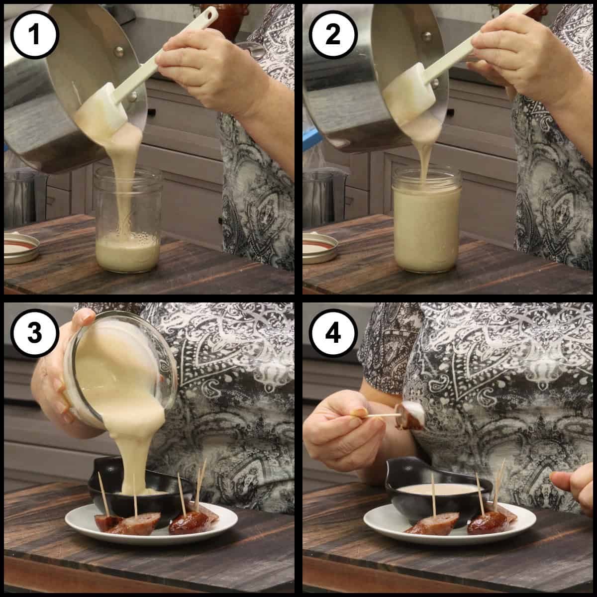 Step 5 step-by-step graphic for Beer Cheese Dip: the finished dip poured from the saucepan into a glass jar, then into a small black bowl and served with brat bites on toothpicks.