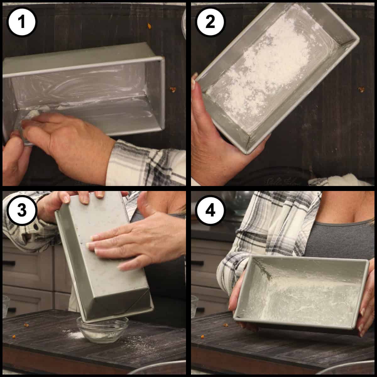 Step-by-step graphic, step 5 for Glazed Pumpkin Bread: buttering a metal loaf pan with a butter wrapper, dusting it with flour, and tapping out the extra.