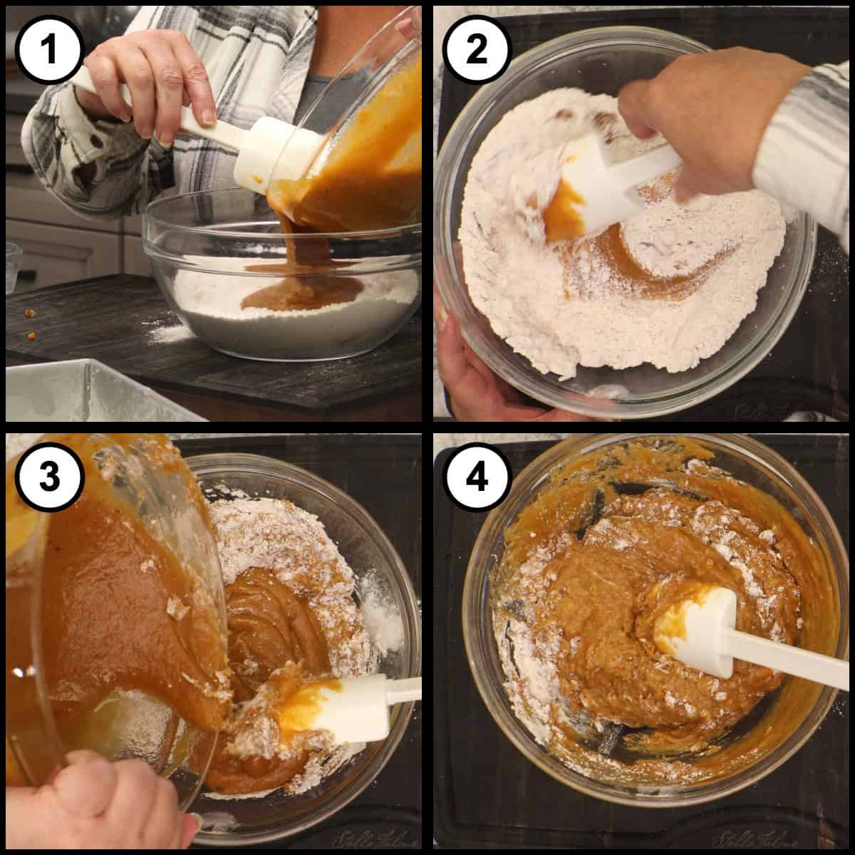 Step-by-step graphic, step 6 for Glazed Pumpkin Bread: pouring the pumpkin mixture into the dry ingredients in stages and folding with a spatula.