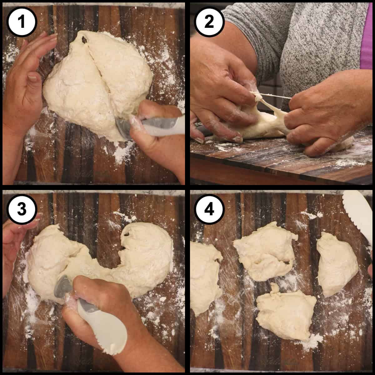 Step 6 step-by-step graphic for No Knead English Muffins: the dough is cut and pulled apart with a dough scraper into 4 rough portions on a floured board.