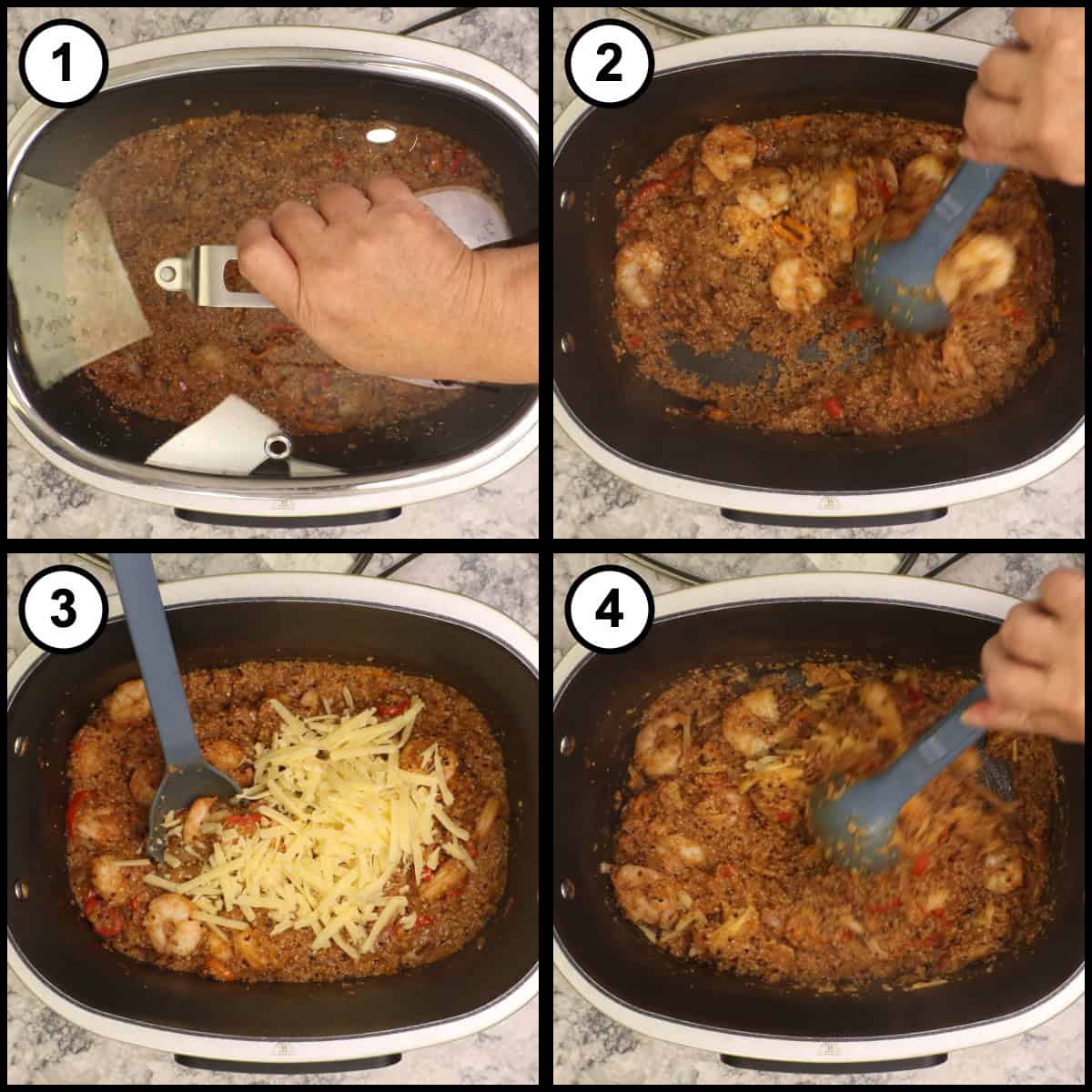 Step-by-step graphic for step 6 of Shrimp & Grits (Possible cooker Pro: lifting the lid after the slow cook, stirring the cooked shrimp and grits, adding shredded cheese, and stirring the cheese in.