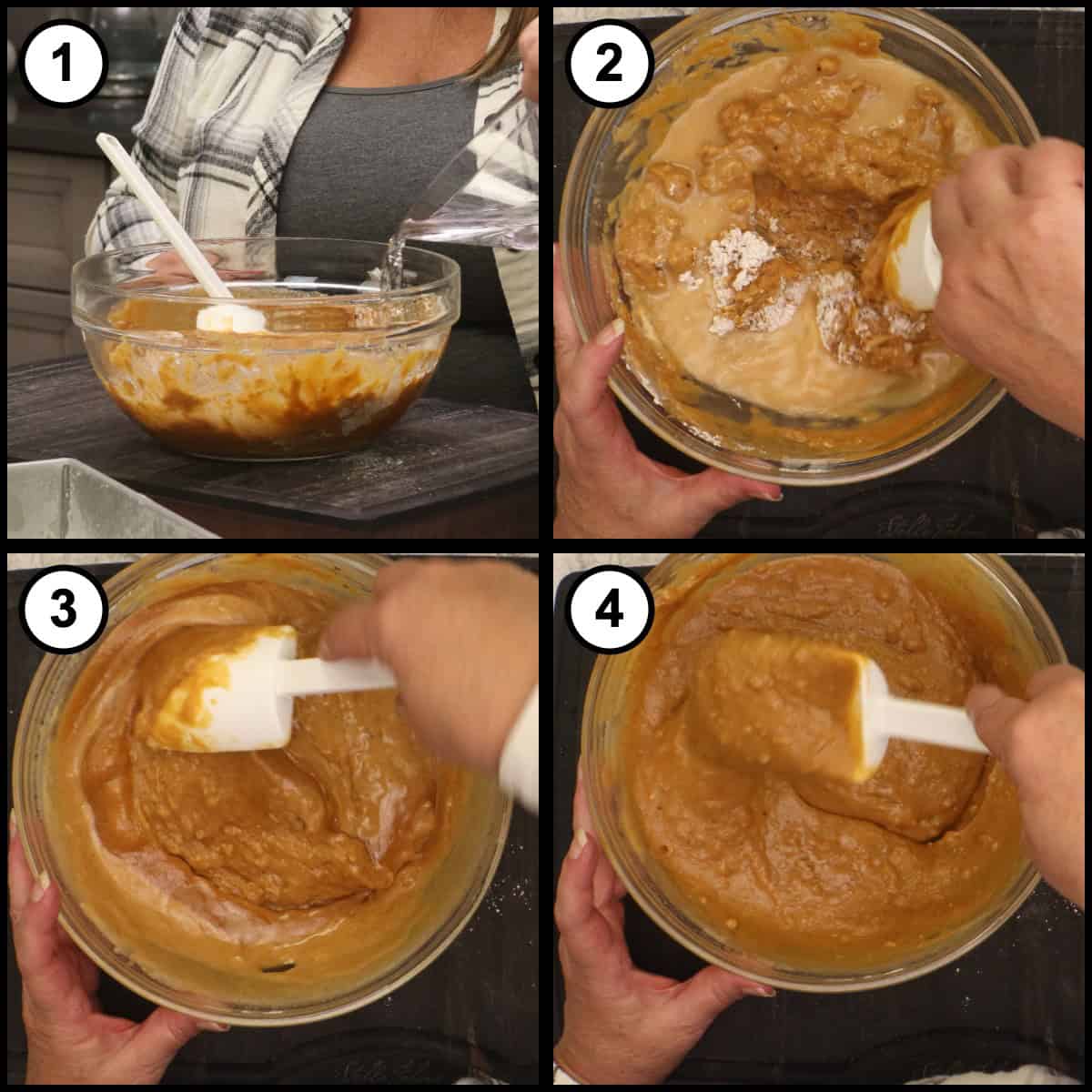 Step-by-step graphic, step 7 for Glazed Pumpkin Bread: pouring water into the batter and folding it into a smooth, loose pumpkin batter.
