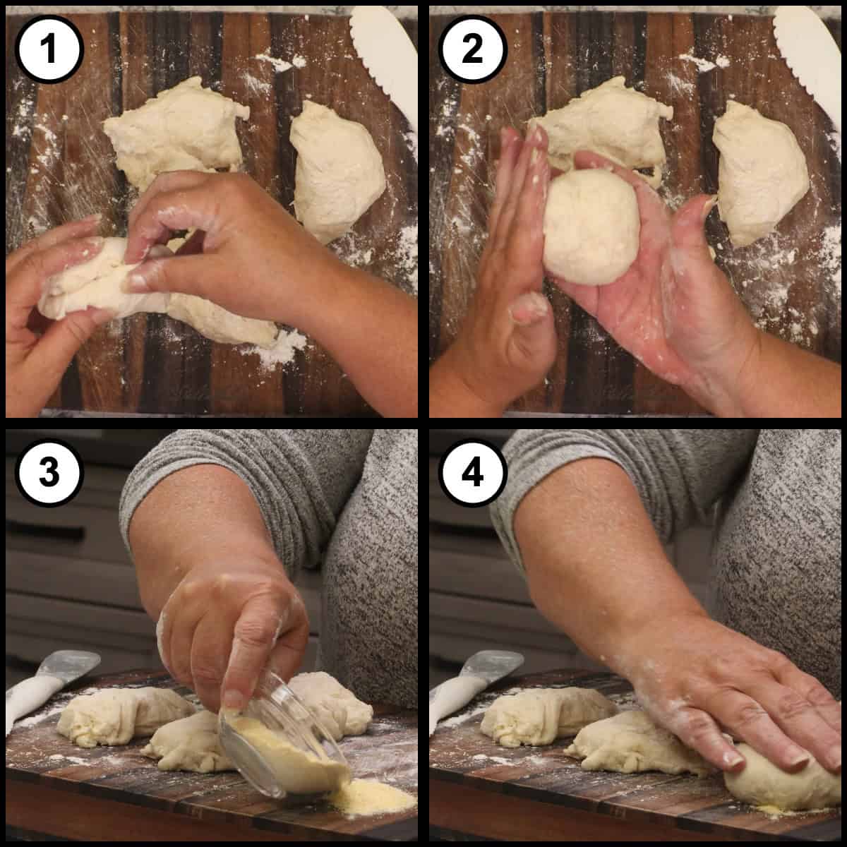 Step 7 step-by-step graphic for No Knead English Muffins: one portion is folded into a ball sealed on the underside, cornmeal is poured onto the board, and the ball is pressed down into it.