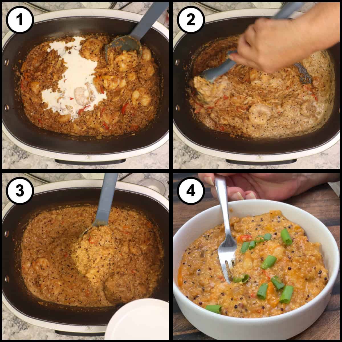 Step-by-step graphic for step 7 of Shrimp & Grits (Possible cooker Pro: pouring in cream, stirring until creamy, the finished shrimp and grits in the pot, and a bowl topped with green onions.