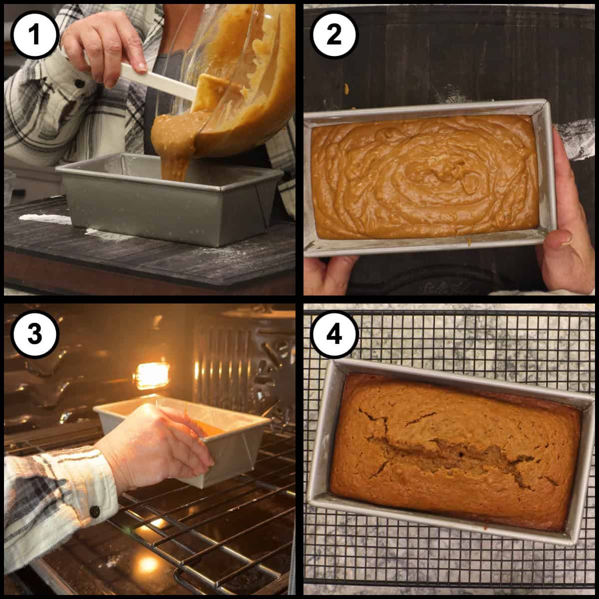 Step-by-step graphic, step 8 for Glazed Pumpkin Bread: batter poured into the loaf pan, placed in the oven, and the baked loaf cooling in the pan on a rack.