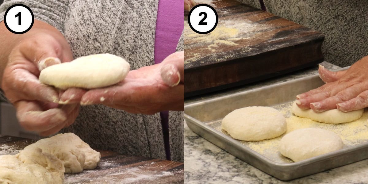 Step 8 step-by-step graphic for No Knead English Muffins: a shaped, flattened muffin held in hand, then the muffins set on a sheet pan dusted with cornmeal.