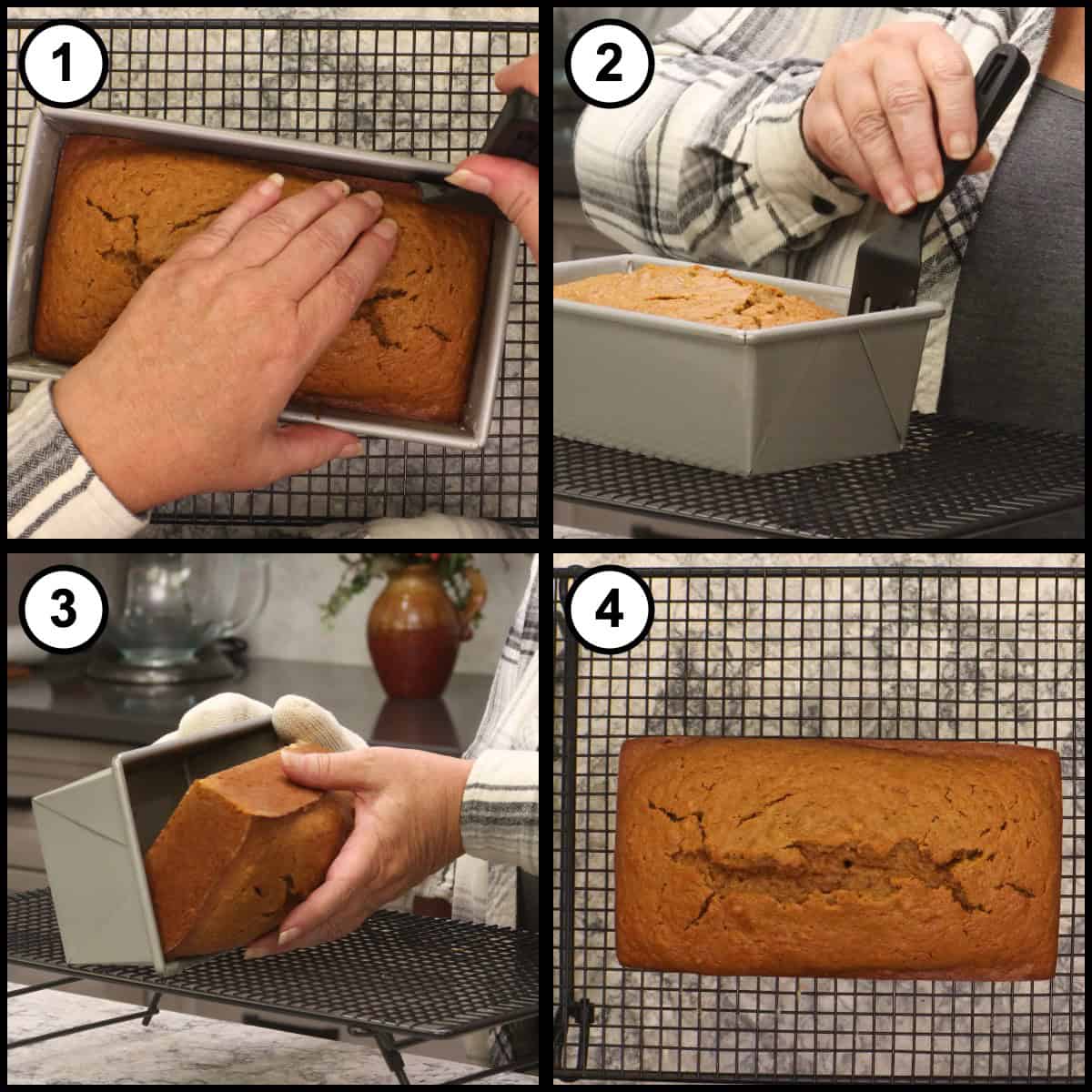 Step-by-step graphic, step 9 for Glazed Pumpkin Bread: loosening the sides with a thin spatula, turning the loaf out of the pan, and the bread on a cooling rack.