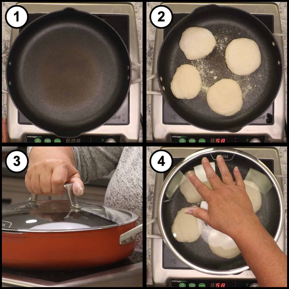 Step 9 step-by-step graphic for No Knead English Muffins: an empty nonstick skillet heating on an induction burner, 4 muffins added on a little cornmeal, and the pan covered with a glass lid.