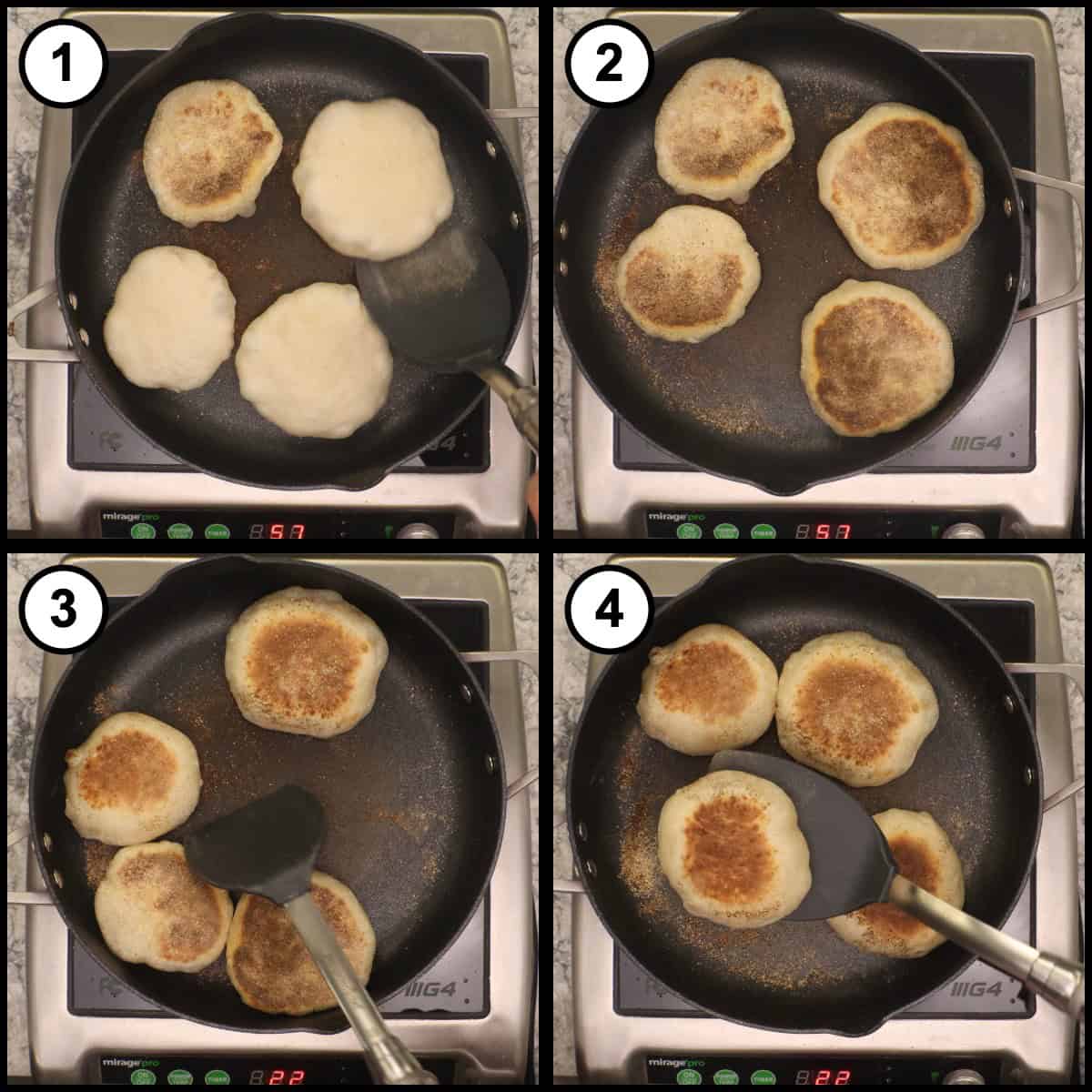 Step 10 step-by-step graphic for No Knead English Muffins: the muffins are flipped with a spatula in the skillet, showing golden brown cornmeal-dusted tops as they cook.