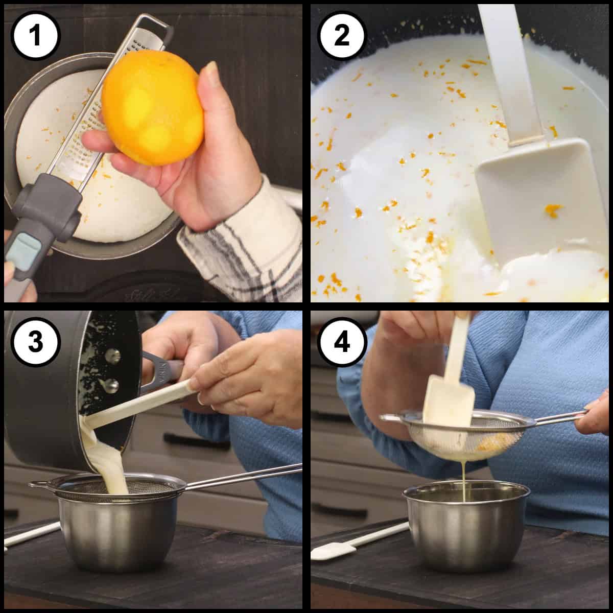 Step-by-step graphic, step 10 for Glazed Pumpkin Bread: zesting an orange over heavy cream in a saucepan, then straining the steeped cream through a fine mesh strainer.