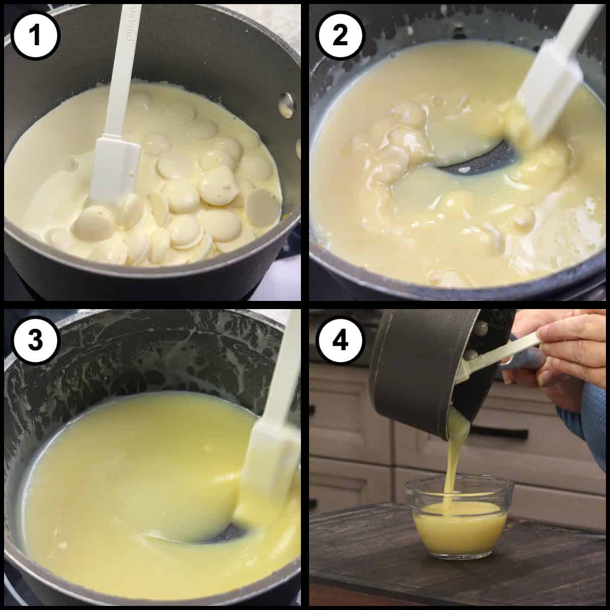 Step-by-step graphic, step 11 for Glazed Pumpkin Bread: white chocolate wafers melting into the orange cream and the finished glaze poured into a small bowl.