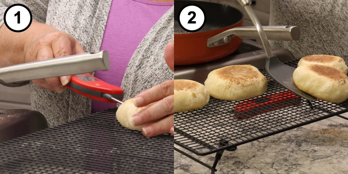 Step 11 step-by-step graphic for No Knead English Muffins: an instant-read thermometer checks the center of a muffin, then the muffins are moved to a wire cooling rack.