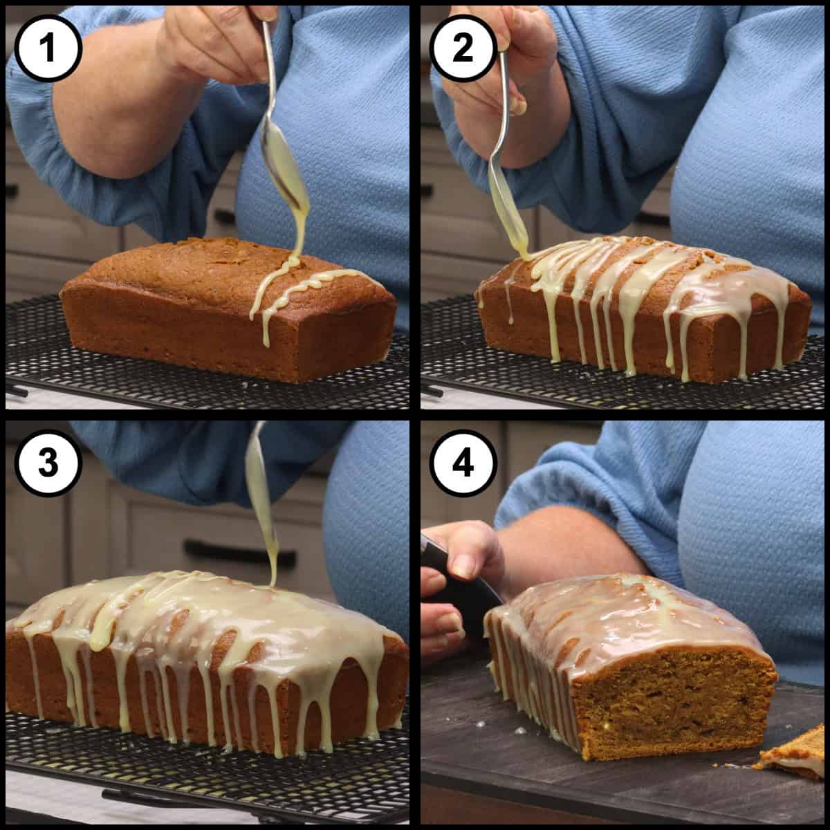 Step-by-step graphic, step 12 for Glazed Pumpkin Bread: spooning white chocolate orange glaze over the loaf in layers and slicing the glazed bread.