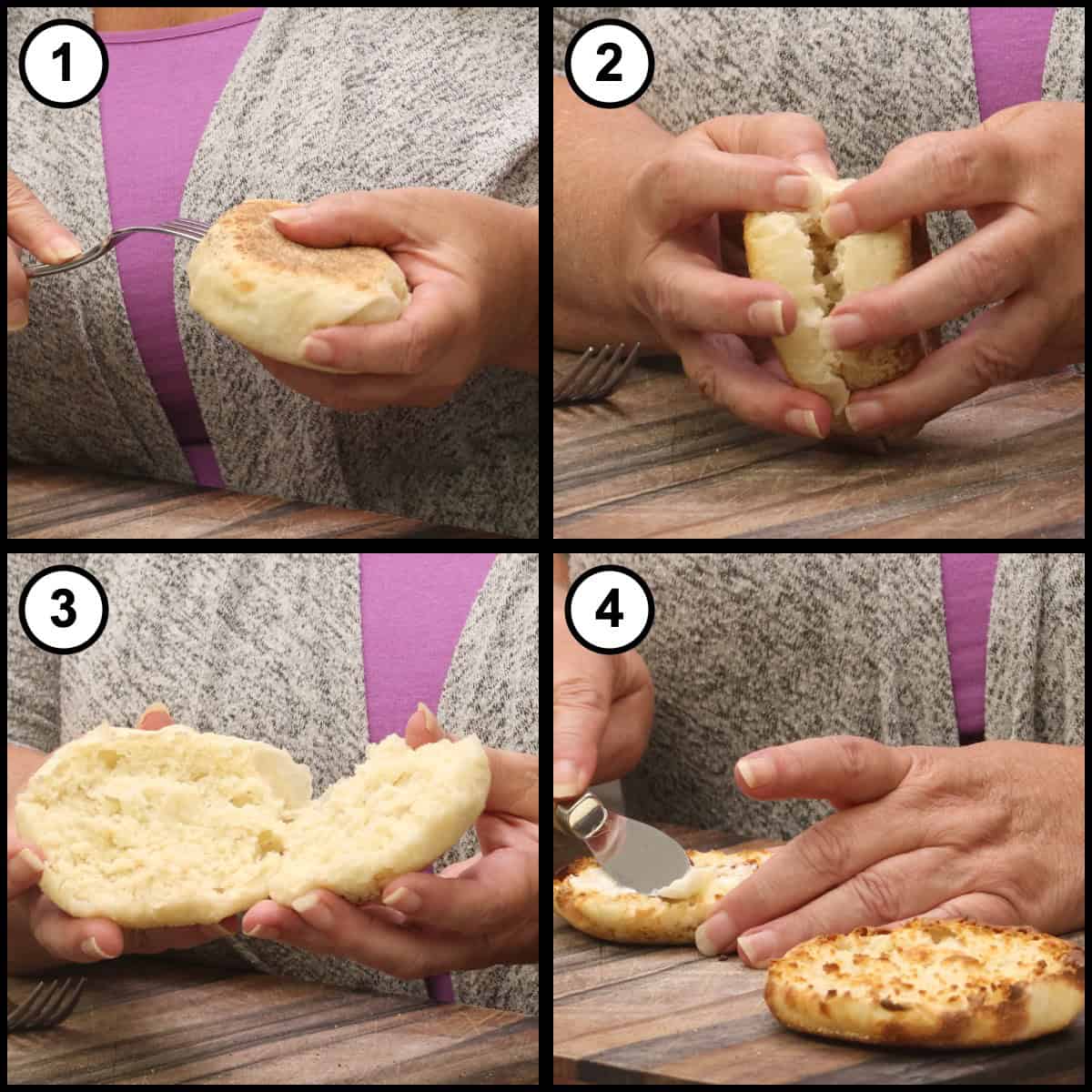 Step 12 step-by-step graphic for No Knead English Muffins: a cooled muffin is split around the middle with a fork, pulled apart to show the inside, then toasted and spread with butter.